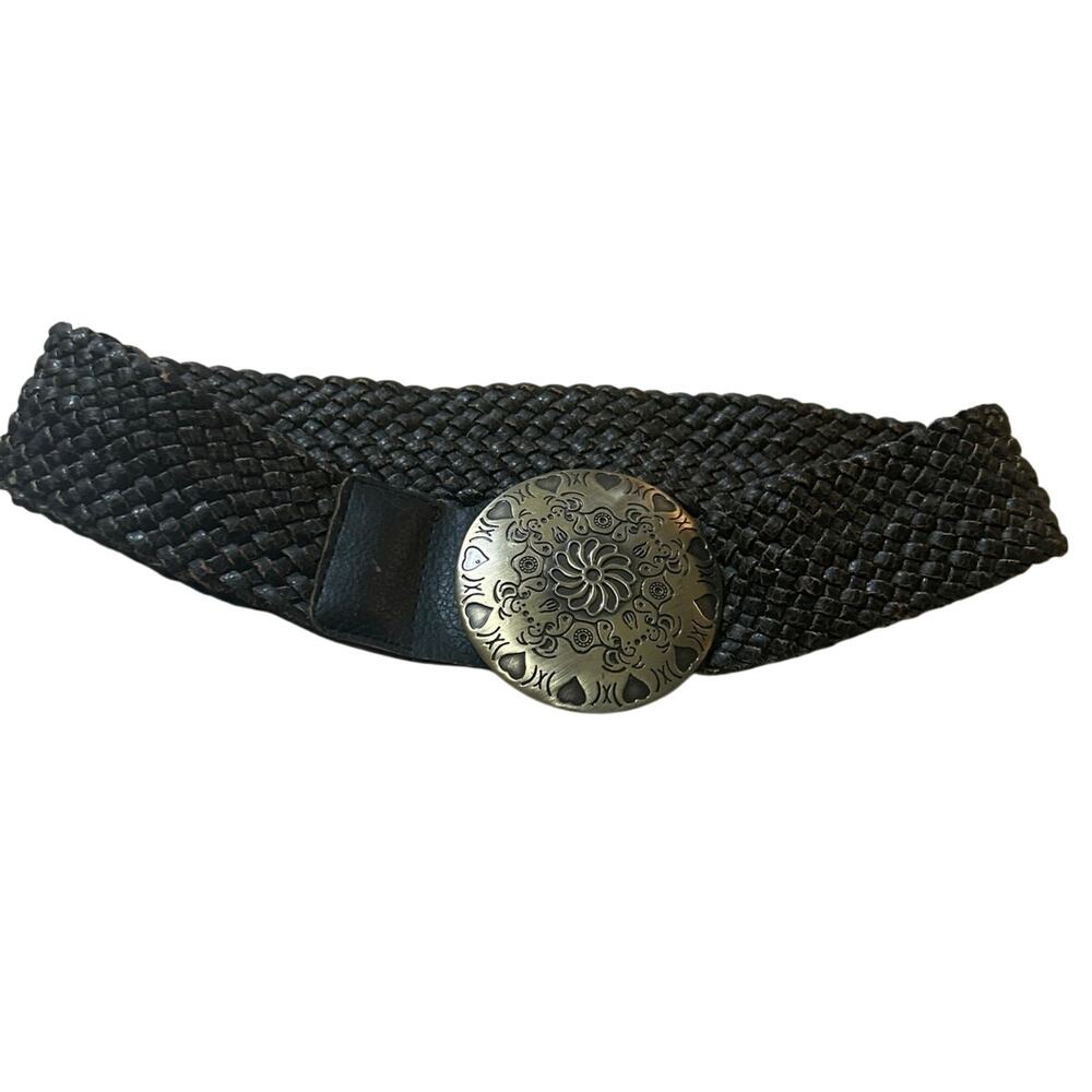 Y2K Boho Woven Weathered Wide Belt Brass Engraved Medallion Buckle Western